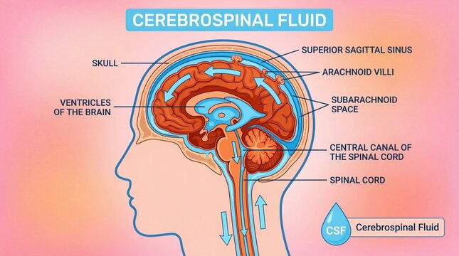Colorful Educational Illustration of Cerebrospinal Fluid Flow in Human Brain