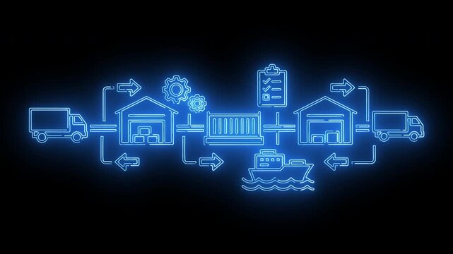 Neon-lit blue flowchart diagram illustrating logistics and supply chain management with various transportation modes and buildings on a black background.