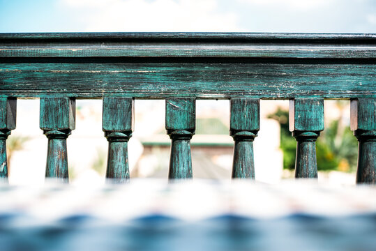 Traditional wooden balcony railing in Marrakech, Morocco