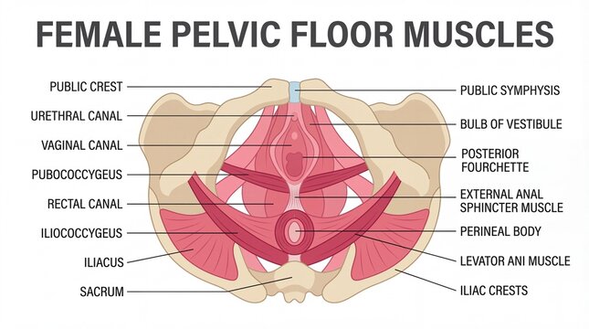 Detailed Anatomical Illustration of Female Pelvic Floor Muscles with Labels