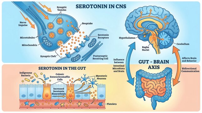 Detailed Medical Illustration of Serotonin Role in Brain Gut Axis System