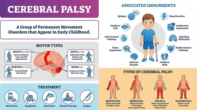 Informative Flat Illustration of Cerebral Palsy Types, Causes, and Treatments in Child
