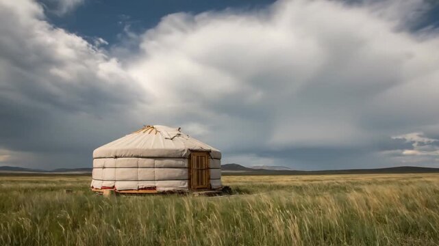 Traditional Mongolian Yurt in Field.