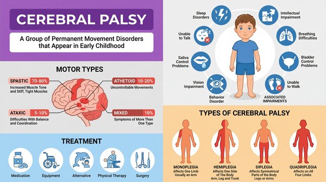Informational Graphic of Cerebral Palsy Explaining Types, Symptoms and Treatment Options