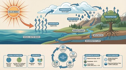 Detailed Informative Diagram of Hydrologic Cycle or Water Cycle Illustration