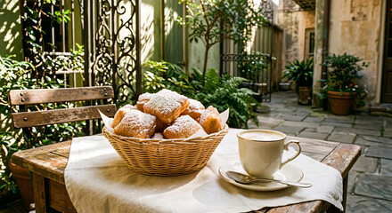 Basket of powdered sugar beignets and a cup of coffee on a small outdoor table in a charming courtyard café, warm sunlight and lush greenery creating a cozy European atmosphere.