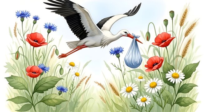 Stork Delivering Baby in Floral Field, Birth Announcement