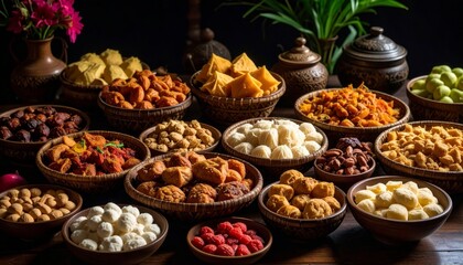 A Lavish, Rustic Spread of Diverse Traditional Snacks and Delicacies in Earthen Bowls