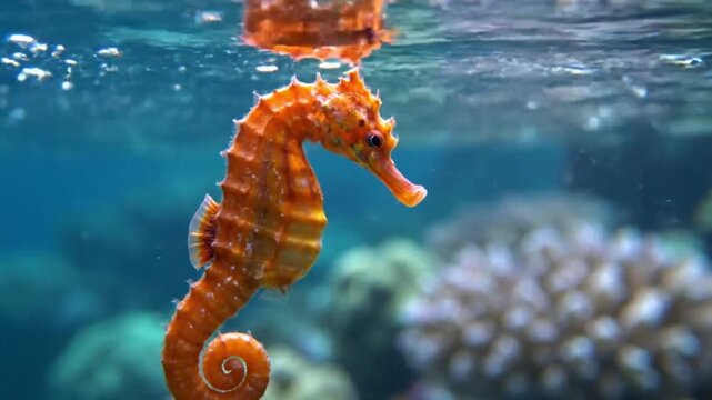 Vibrant Orange Seahorse Swimming in Blue Tropical Ocean Water