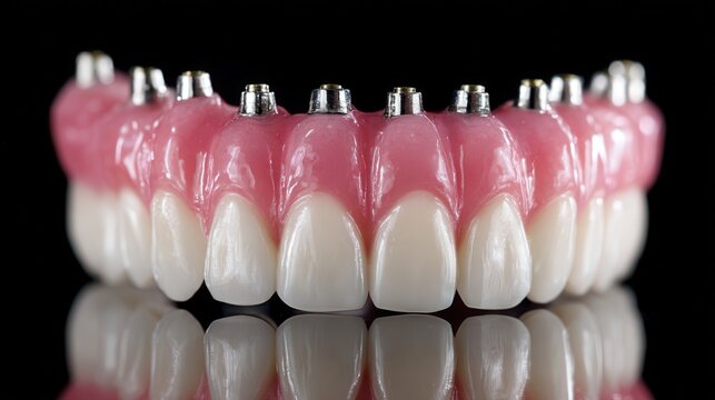 Close-up of full arch dental implant prosthesis with artificial gums and teeth on reflective black background.
