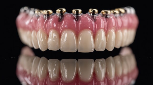 Close-up of a full arch dental implant prosthesis with artificial gums and teeth reflected on a glossy black surface.