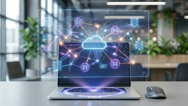 Cloud computing network digital interface with laptop and wireless mouse on office desk showcasing technology data connection storage visualization in modern workspace environment