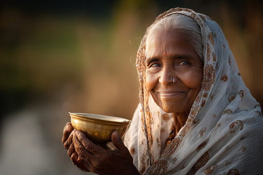  Elderly woman holding brass lota after Chhath Puja prayers, symbolizing peace, wisdom, and devotion.
