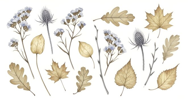 Autumn botanical elements, watercolor leaves and dried flowers, natural fall elements
