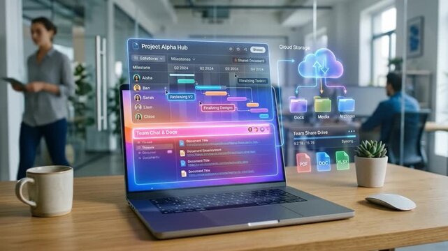 Project management software on laptop with holographic interface featuring team chat, cloud storage, file sharing, and collaboration tools in modern digital workspace environment