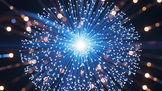 Abstract fiber optic cable transmitting glowing data burst