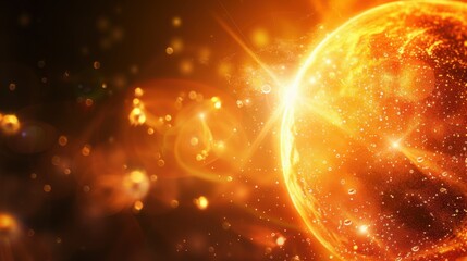 Fototapeta premium Glowing orange solar sphere with bright flares and particles in deep space, abstract cosmic scene representing sun energy, astronomy, astrophysics and universe science.