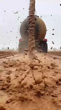 Manure Spreader in Action - Fertilizing Fields with Liquid Manure.