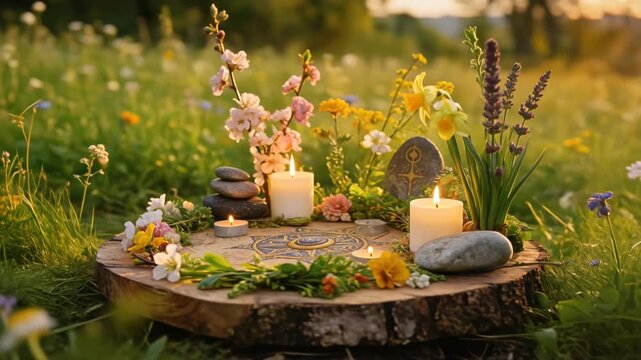 Outdoor spring altar with flowers, candles and stones on wooden stump in meadow at sunset, seasonal ritual scene, nature spirituality, meditation space, peaceful lifestyle and wellness atmosphere.