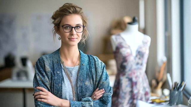 Portrait of young dressmaker standing in confident pose, mannequin near working desk with fashion dress design sketch, tailor tools in studio, small business owner concept,
