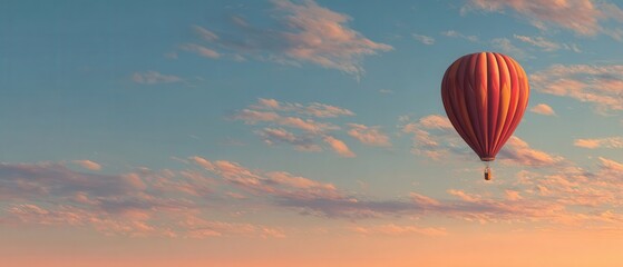 Fototapeta premium Single hot air balloon floating in a colorful sunset sky with soft clouds and warm evening light.