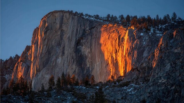 Dramatic granite cliff at dusk with glowing orange light resembling a firefall, framed by dark pine trees and winter rock formations.