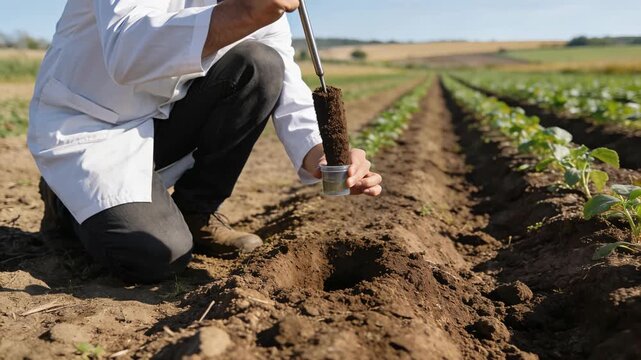 Scientist taking soil sample in agricultural field with probe and vial, crop research, land analysis, sustainable farming practice, environmental monitoring and agronomy study.