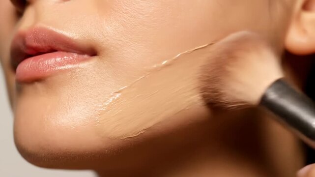Close-up of makeup application on smooth skin with a brush.