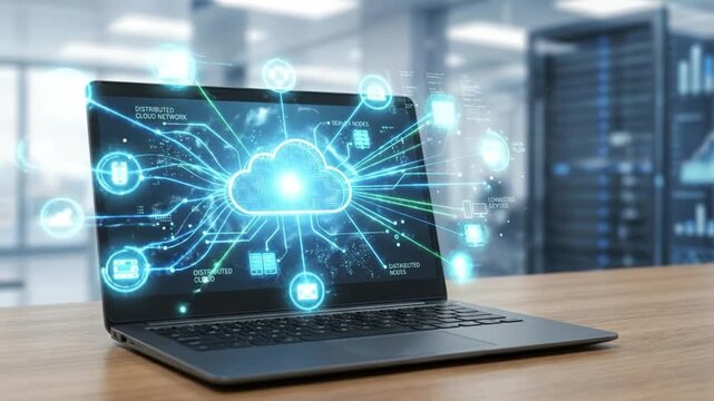 Cloud computing technology concept featuring laptop with digital cloud network interface, data storage, server connection, and network nodes modern office environment for seamless digital data flow