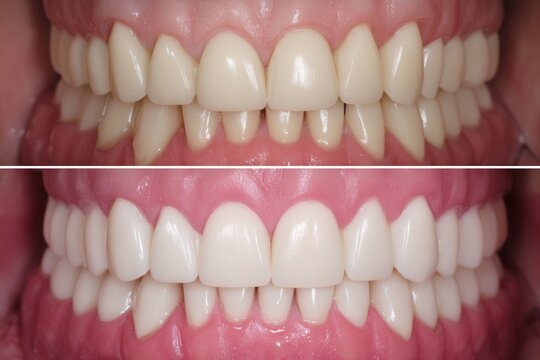 Close-up comparison of upper and lower dental arches showing before and after cosmetic teeth alignment and restoration.