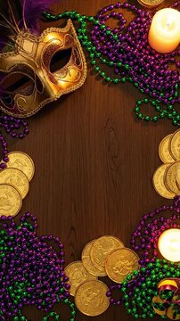Masquerade Carnival Party Invitation Background with Gold Mask and Beads on Dark Wood