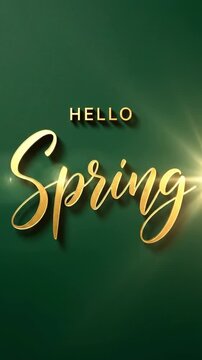 Elegant Gold Foil Hello Spring Text on Deep Green Background for Equinox Greeting