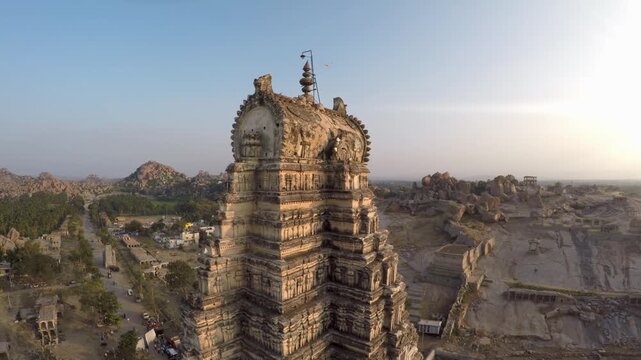 Drone slow flyby of Virupaksha temple in Hampi, Karnataka, India.