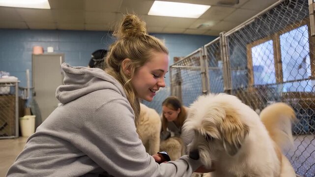 Group of animal shelter volunteers spending quality time with dogs in a warm environment during an afternoon session