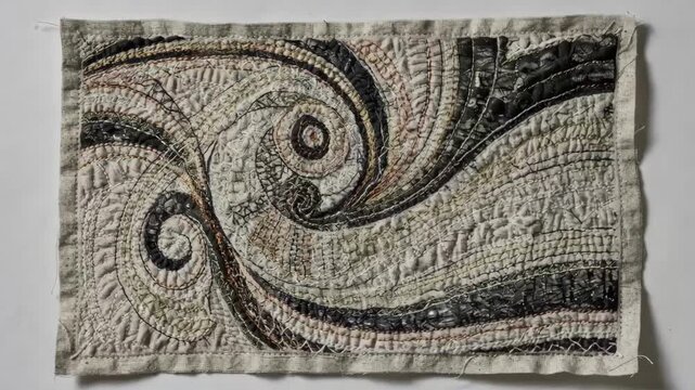 Medium shot capturing abstract decorative detailing featuring freeform quilting and varied stitch directions adding dynamic texture and bold visual interest to fabric surfaces.