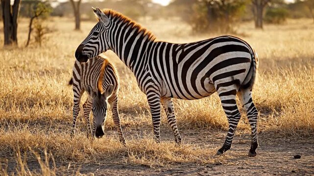 Adult zebra and foal grazing in golden savanna at sunset