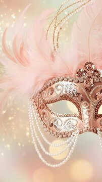 Elegant Rose Gold Masquerade Mask with Pink Feathers and Pearls for Quincea&ntilde;era Ball