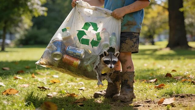 Child holding bag of collected plastic bottles with recycling symbol in park, environmental cleanup activity, waste sorting, outdoor education, community ecology awareness and sustainability practice.