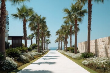 Fototapeta premium Palm-lined walkway leading to the sea on a sunny day, with manicured gardens and modern resort architecture creating a luxurious coastal atmosphere.