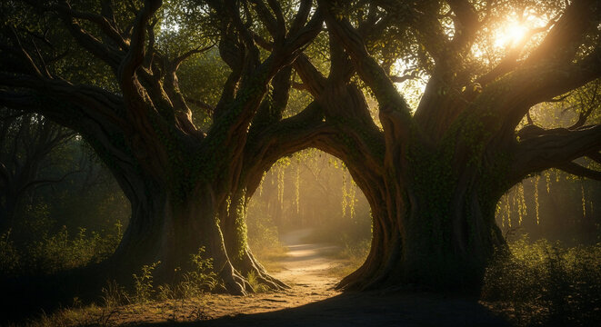 Enchanted Forest Gateway: A majestic gateway of intertwined trees, their branches forming a natural archway that invites you to explore a sun-dappled forest path.