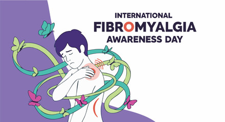 Fototapeta premium Woman with fibromyalgia pain awareness purple colorful illustration for health campaign