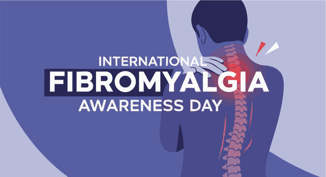 Woman with back pain awareness purple background International Fibromyalgia Awareness Day in informative medical style with red spine for health campaign