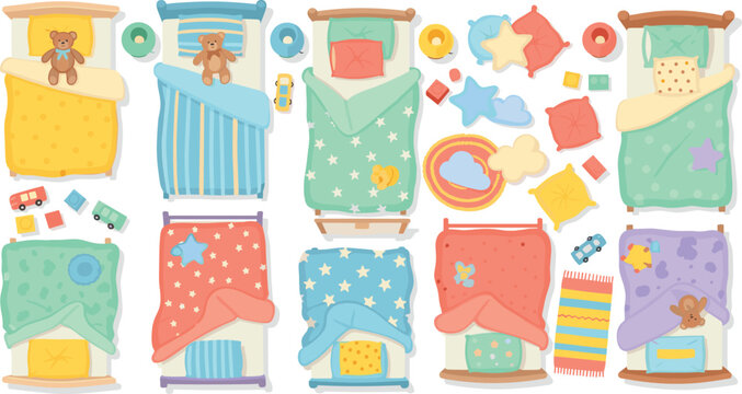 Cute Kids Bed Top View Vector Set with Colorful Blankets, Pillows, Toys, Teddy Bear and Nursery Bedroom