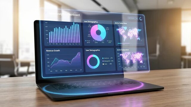 Digital analytics dashboard on laptop featuring charts, graphs, and world map illustrating user demographics, revenue growth, and active subscribers in modern office environment