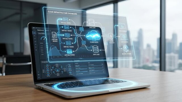 Cloud infrastructure dashboard featuring virtual nodes and data lake visualization on laptop screen within modern office environment showcasing advanced digital technology and seamless data management