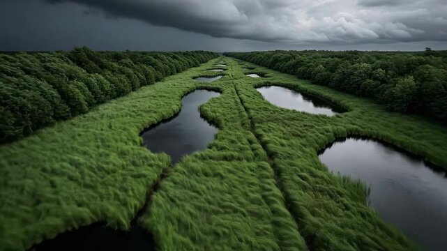 Aerial View of Peatland Restoration Project with Flooded Trenches and Stormy Sky
