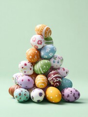 Colorful decorated Easter eggs stacked in pyramid on pastel background. Festive spring holiday concept.
