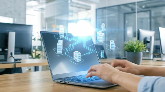 Data network laptop computer office workspace technology digital connection hands typing modern workspace cloud computing data center server virtual communication internet software information system