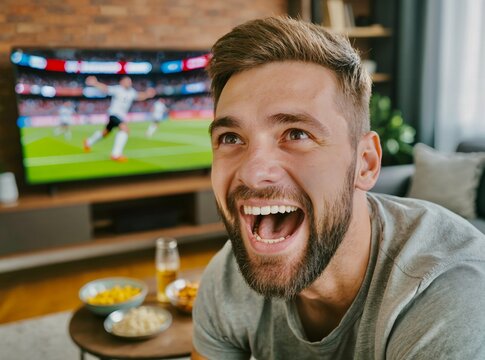 A joyful, bearded man sitting on a sofa, reacting with excitement while watching a football game on a large television in his hom man watching a football match on TV at home. High quality photo