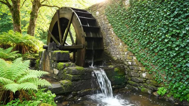 Tranquil Water Wheel Scene in Lush Green Forest with Water Flowing in Calm Nature